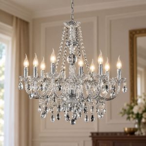 Lampadario 10 luci per salotto classico cromo con pendenti in acrilico trasparente