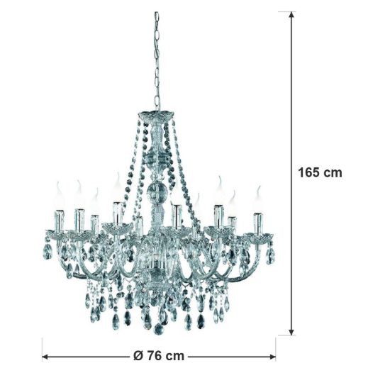 Lampadario 10 luci per salotto classico cromo con pendenti in acrilico trasparente