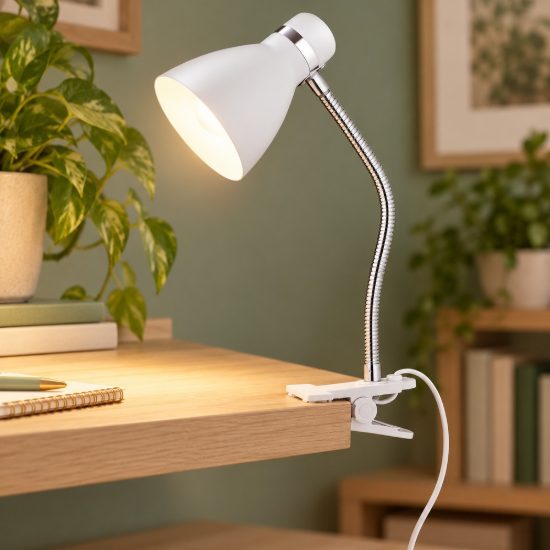 Lampada da scrivania con morsetto flessibile per ufficio moderna bianca cromo