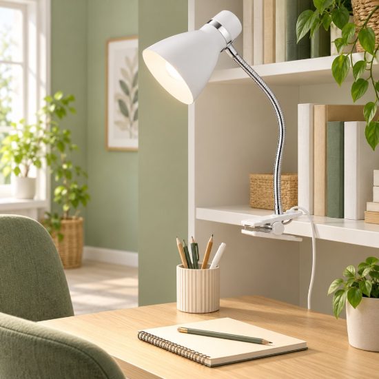 Lampada da scrivania con morsetto flessibile per ufficio moderna bianca cromo