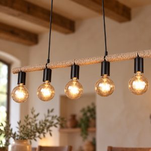 Lampadario a sospensione con 5 pendenti per sala da pranzo moderno nero con corda in sisal
