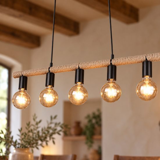 Lampadario a sospensione con 5 pendenti per sala da pranzo moderno nero con corda in sisal