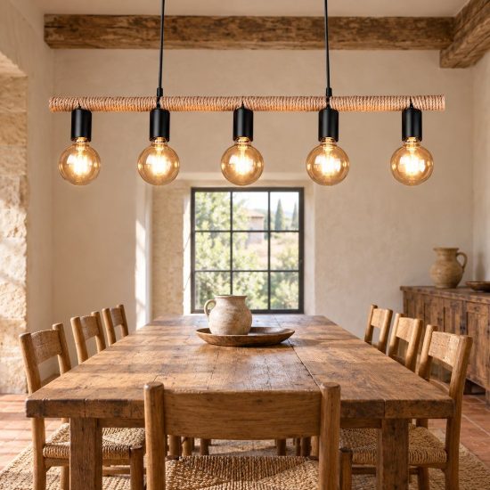 Lampadario a sospensione con 5 pendenti per sala da pranzo moderno nero con corda in sisal