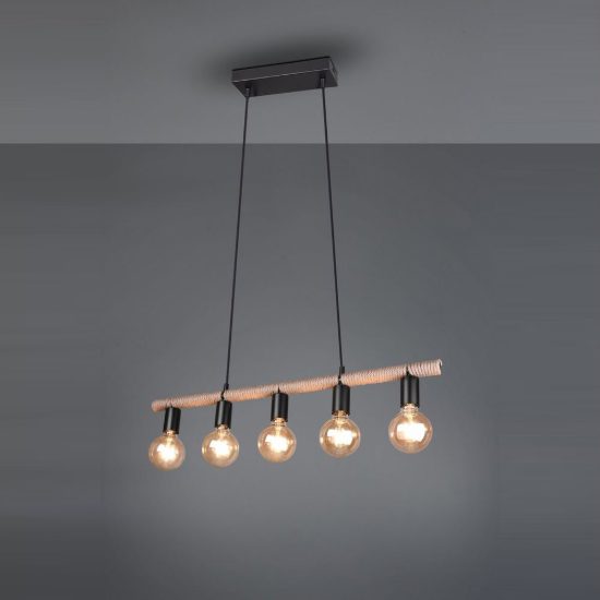 Lampadario a sospensione con 5 pendenti per sala da pranzo moderno nero con corda in sisal