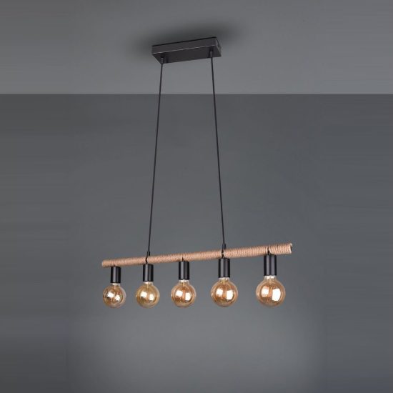 Lampadario a sospensione con 5 pendenti per sala da pranzo moderno nero con corda in sisal