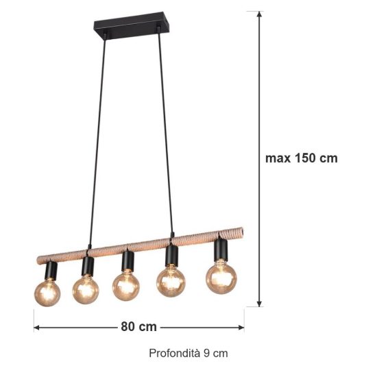 Lampadario a sospensione con 5 pendenti per sala da pranzo moderno nero con corda in sisal