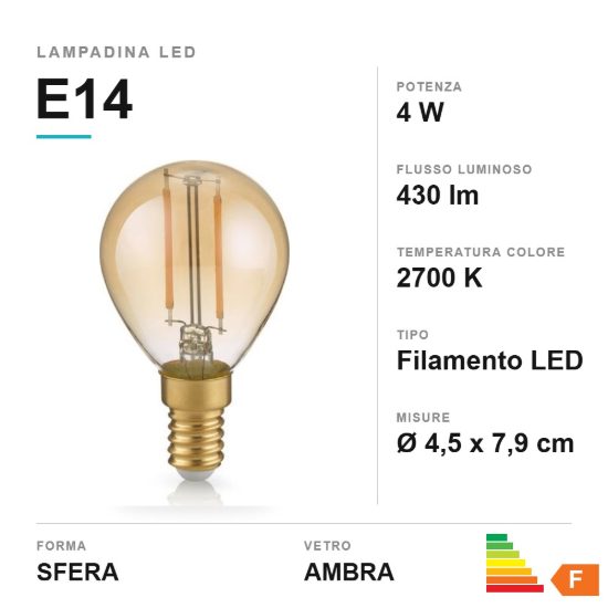 Lampadina led e14 a sfera a filamento 4w 2700k ambra