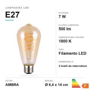 Lampadina led e27 a filamento 7w 1800k ambra dimmerabile con interruttore