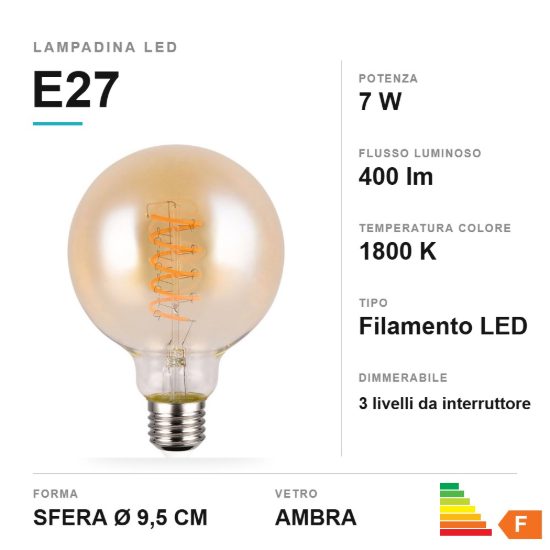 Lampadina led e27 a sfera a filamento 7w 1800k ambra dimmerabile con interruttore 9,5cm