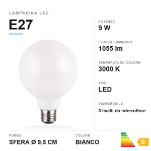 Lampadina led e27 a sfera 9w 3000k bianca dimmerabile con interruttore 9,5cm