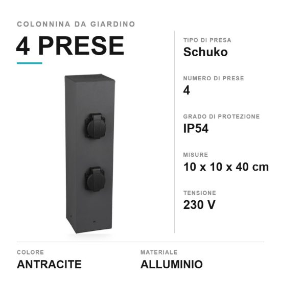 Colonnina da giardino 4 prese schuko ip54 40cm antracite