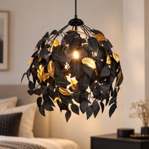 Lampadario a sospensione per soggiorno moderno nero con foglie lavabili nere oro