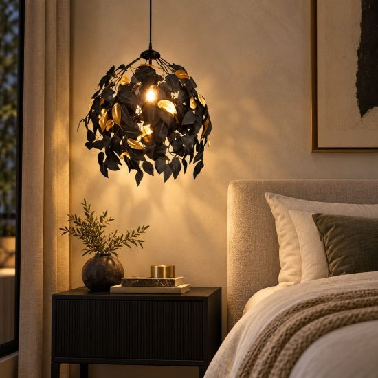 Lampadario a sospensione per soggiorno moderno nero con foglie lavabili nere oro