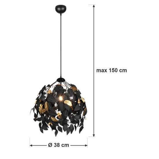 Lampadario a sospensione per soggiorno moderno nero con foglie lavabili nere oro
