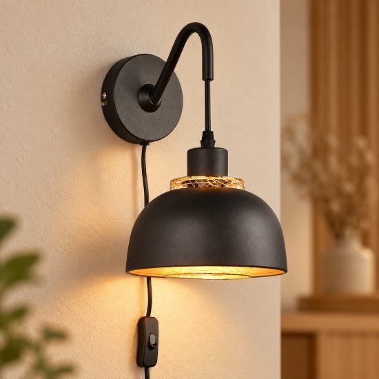 Applique per comodino camera da letto moderna nera oro con doppio paralume a griglia interruttore