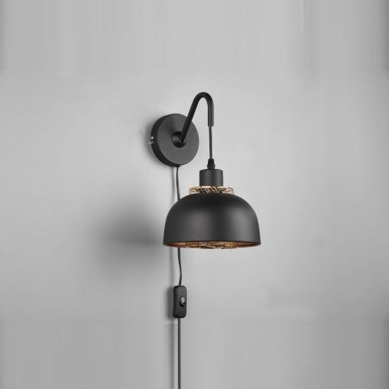 Applique per comodino camera da letto moderna nera oro con doppio paralume a griglia interruttore
