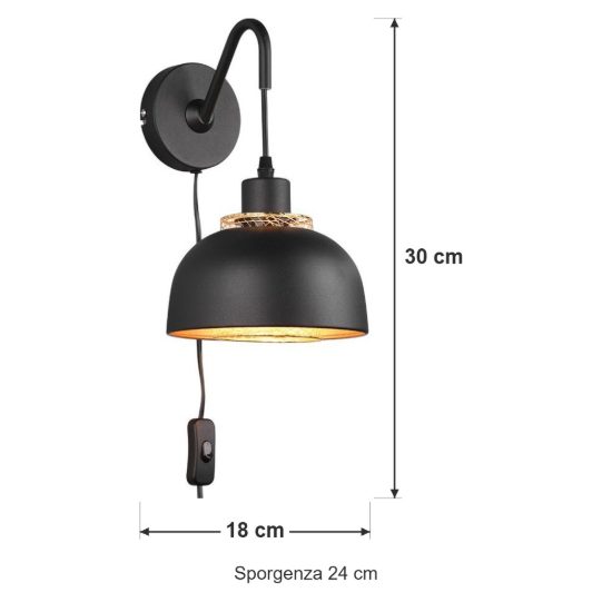 Applique per comodino camera da letto moderna nera oro con doppio paralume a griglia interruttore