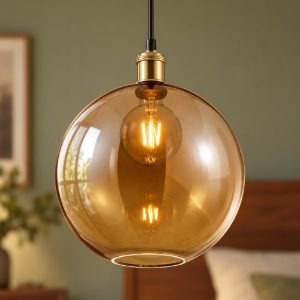 Lampadario a sospensione per camera da letto moderno ottone anticato con sfera in vetro ambra