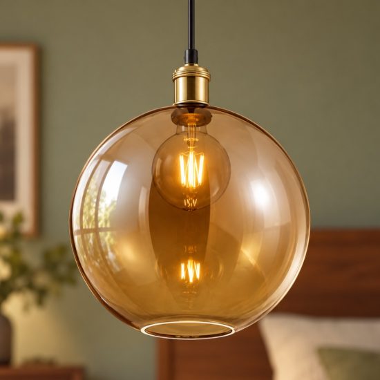 Lampadario a sospensione per camera da letto moderno ottone anticato con sfera in vetro ambra
