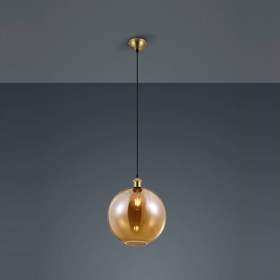 Lampadario a sospensione per camera da letto moderno ottone anticato con sfera in vetro ambra