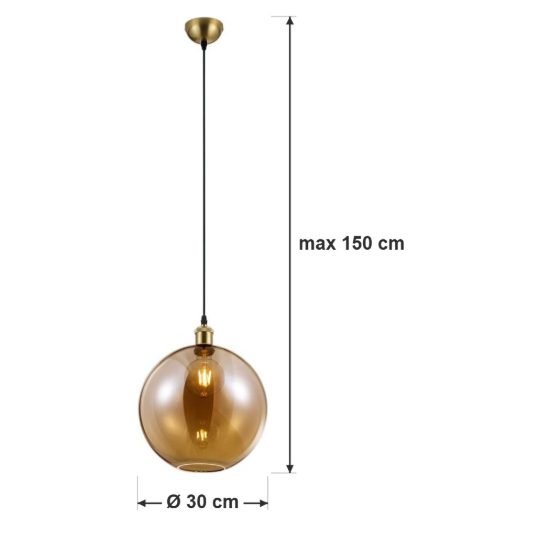Lampadario a sospensione per camera da letto moderno ottone anticato con sfera in vetro ambra