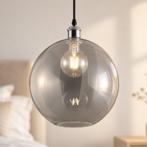 Lampadario a sospensione per camera da letto moderno nichel opaco con sfera in vetro trasparente