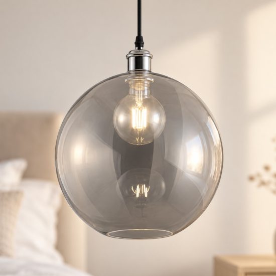 Lampadario a sospensione per camera da letto moderno nichel opaco con sfera in vetro trasparente