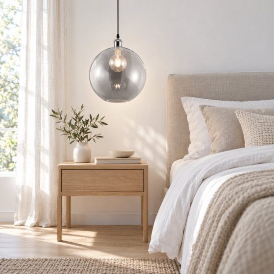 Lampadario a sospensione per camera da letto moderno nichel opaco con sfera in vetro trasparente