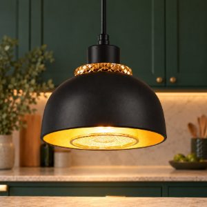 Lampada a sospensione per cucina moderna nera oro con doppio paralume a griglia