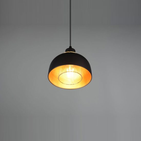 Lampada a sospensione per cucina moderna nera oro con doppio paralume a griglia