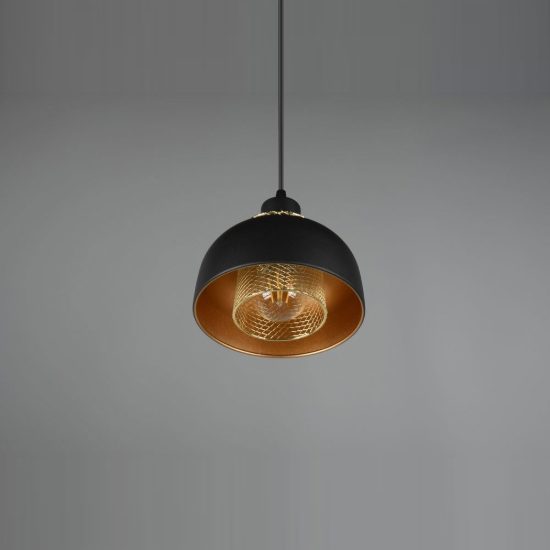 Lampada a sospensione per cucina moderna nera oro con doppio paralume a griglia