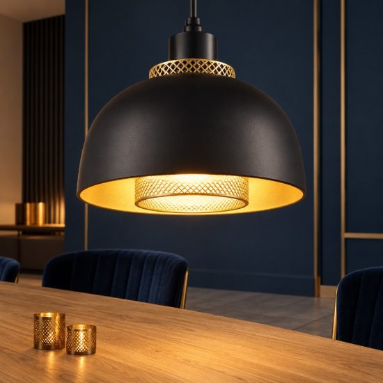 Lampadario a sospensione per cucina moderno nero oro con doppio paralume a griglia