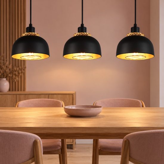 Lampadario a sospensione con 3 pendenti per cucina moderno nero oro