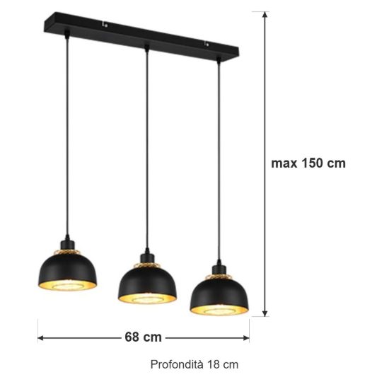 Lampadario a sospensione con 3 pendenti per cucina moderno nero oro