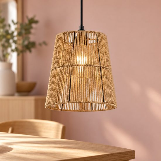 Lampadario a sospensione per sala da pranzo moderno in carta effetto rattan marrone