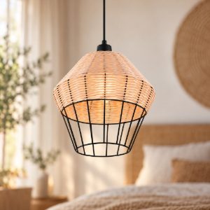 Lampadario a sospensione per sala da pranzo moderno in rattan naturale