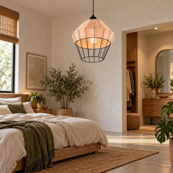 Lampadario a sospensione per sala da pranzo moderno in rattan naturale