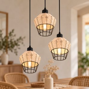 Lampadario a sospensione con 3 pendenti per sala da pranzo moderno in rattan naturale