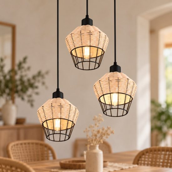 Lampadario a sospensione con 3 pendenti per sala da pranzo moderno in rattan naturale