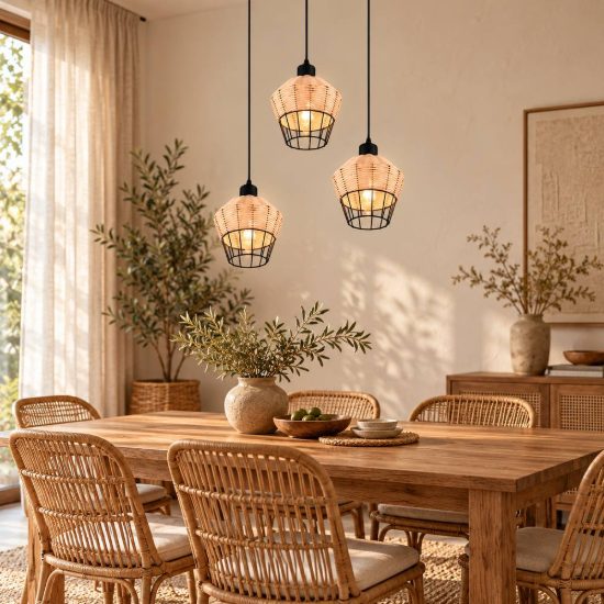 Lampadario a sospensione con 3 pendenti per sala da pranzo moderno in rattan naturale