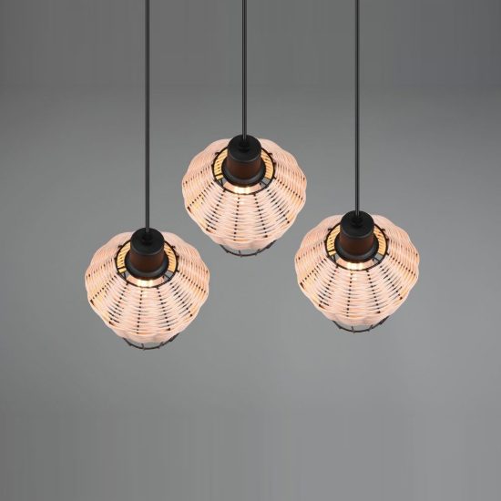 Lampadario a sospensione con 3 pendenti per sala da pranzo moderno in rattan naturale