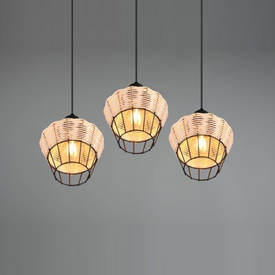 Lampadario a sospensione con 3 pendenti per sala da pranzo moderno in rattan naturale