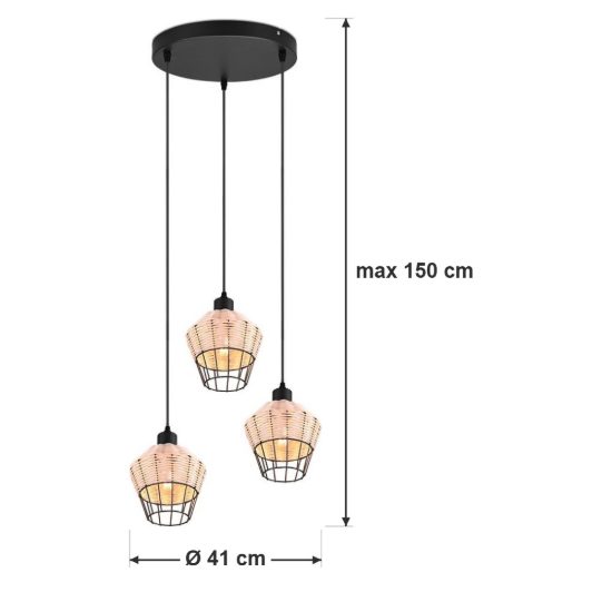 Lampadario a sospensione con 3 pendenti per sala da pranzo moderno in rattan naturale