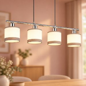 Lampadario 4 luci per sala da pranzo moderno cromo con paralumi in tessuto bianco grigio