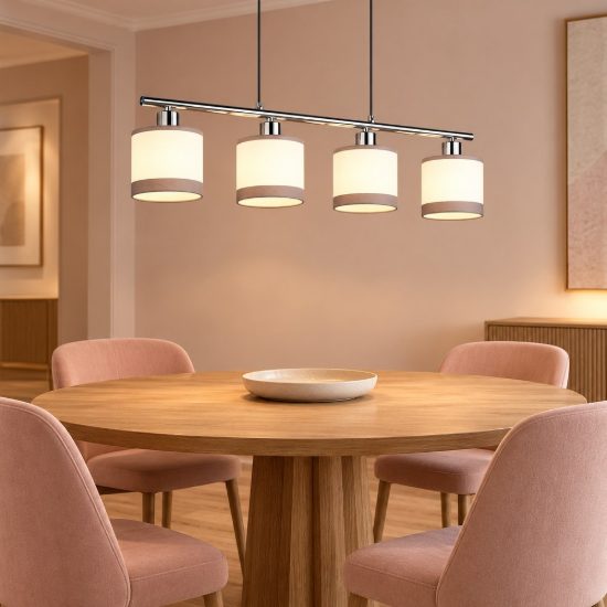 Lampadario 4 luci per sala da pranzo moderno cromo con paralumi in tessuto bianco grigio
