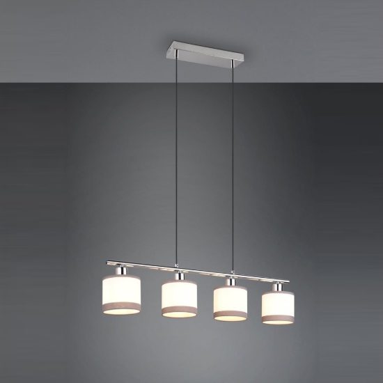 Lampadario 4 luci per sala da pranzo moderno cromo con paralumi in tessuto bianco grigio