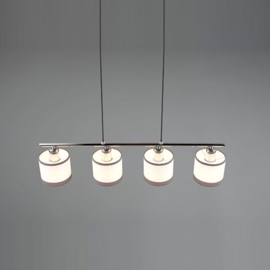 Lampadario 4 luci per sala da pranzo moderno cromo con paralumi in tessuto bianco grigio