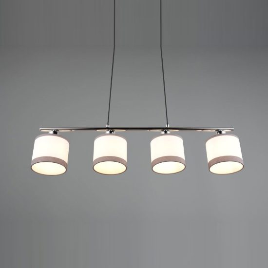 Lampadario 4 luci per sala da pranzo moderno cromo con paralumi in tessuto bianco grigio