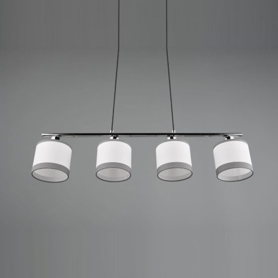 Lampadario 4 luci per sala da pranzo moderno cromo con paralumi in tessuto bianco grigio