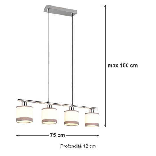 Lampadario 4 luci per sala da pranzo moderno cromo con paralumi in tessuto bianco grigio